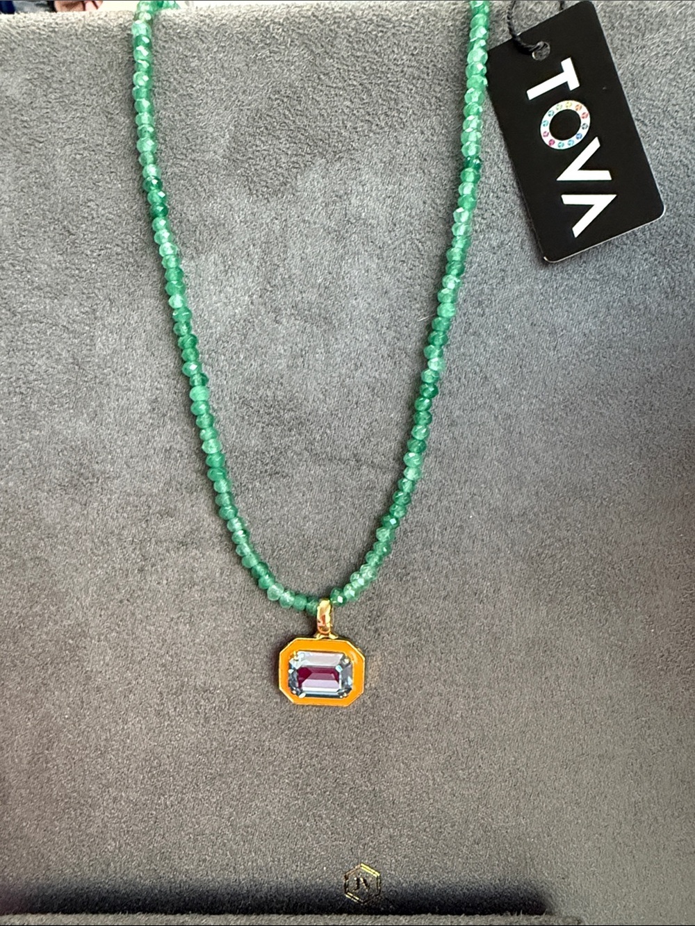 Gold-Accented Green Beaded Necklace with Blue Stone Pendant - Picture 3 of 5